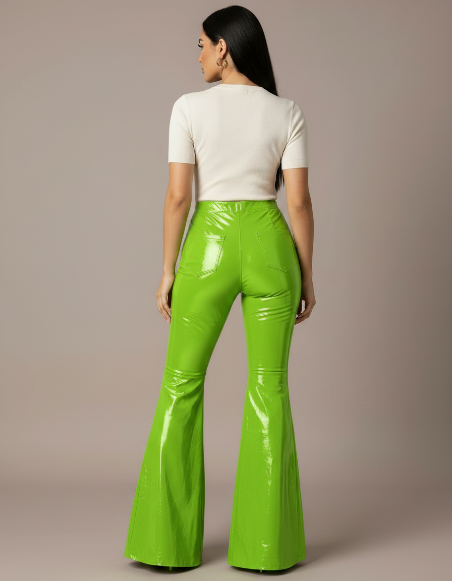 Pantalon Patte D'Éléphant Vert Brillant PVC Taille Haute Évasé - Simili cuir - vue 2