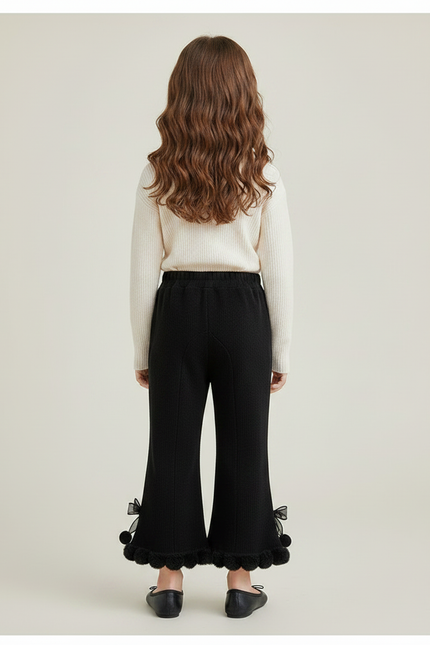 Pantalon Patte D'Éléphant Noir Évasé Pompons Fille - Maille - vue 2