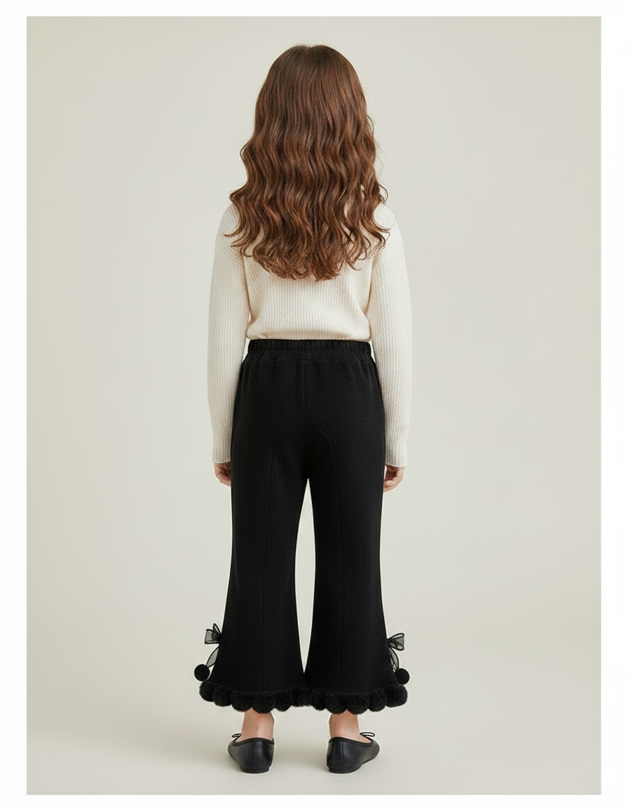 Pantalon Patte D'Éléphant Noir Évasé Pompons Fille - Maille - vue 2