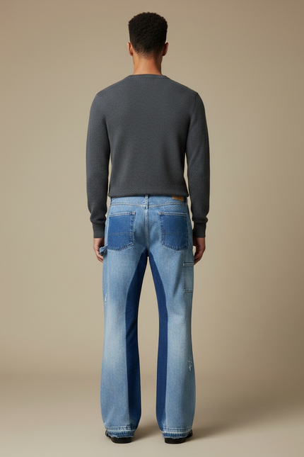 Pantalon Patte D'Éléphant Jean Bicolore Patchwork Évasé Peintures Homme - Multicolore - vue 2