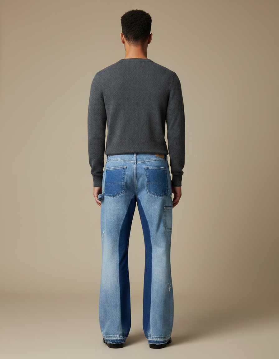 Pantalon Patte D'Éléphant Jean Bicolore Patchwork Évasé Peintures Homme - Multicolore - vue 2
