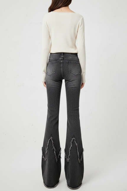 Pantalon Patte D'Éléphant Noir Délavé Franges Y2K Ceinture - Jean - vue 2