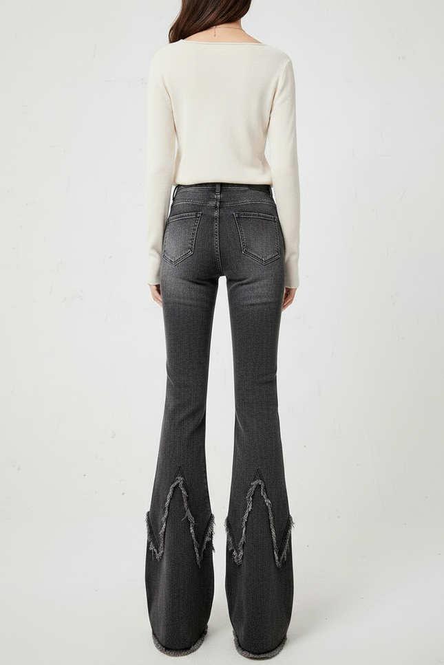 Pantalon Patte D'Éléphant Noir Délavé Franges Y2K Ceinture - Jean - vue 2