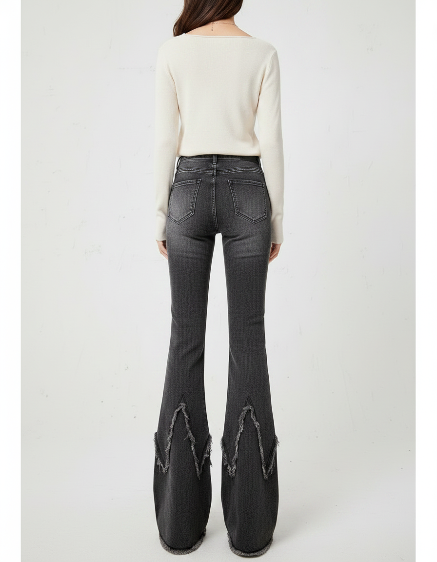 Pantalon Patte D'Éléphant Noir Délavé Franges Y2K Ceinture - Jean - vue 2