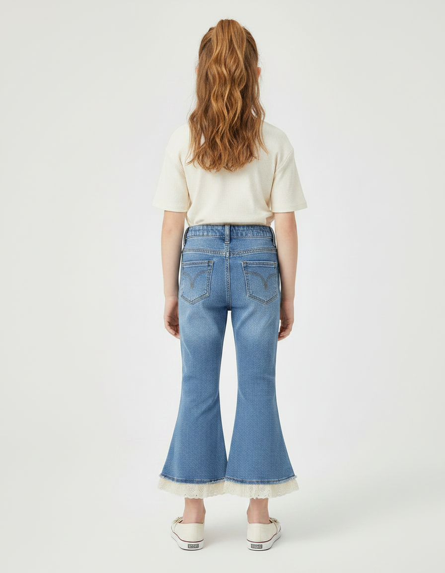 Pantalon Patte D'Éléphant Denim Bleu, Dentelle, Nœuds, Fille - Jean - vue 2