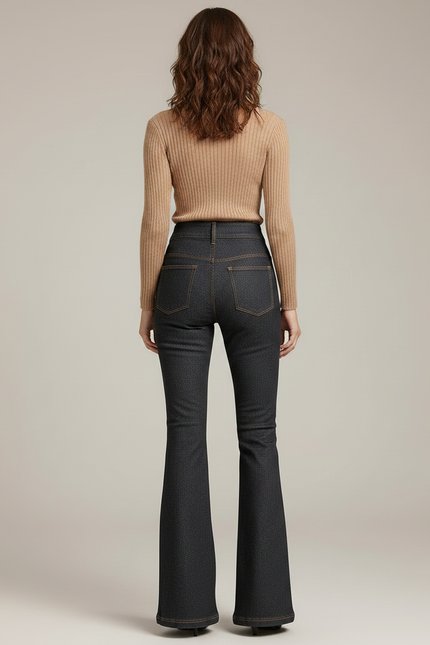 Pantalon Patte D'Éléphant Denim Taille Haute Évasé Élégant Femme - Marine Jean - vue 2