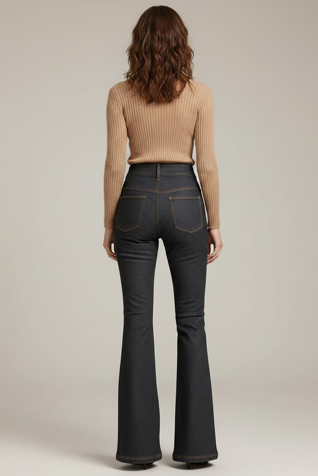 Pantalon Patte D'Éléphant Denim Taille Haute Évasé Élégant Femme - Marine Jean - vue 2