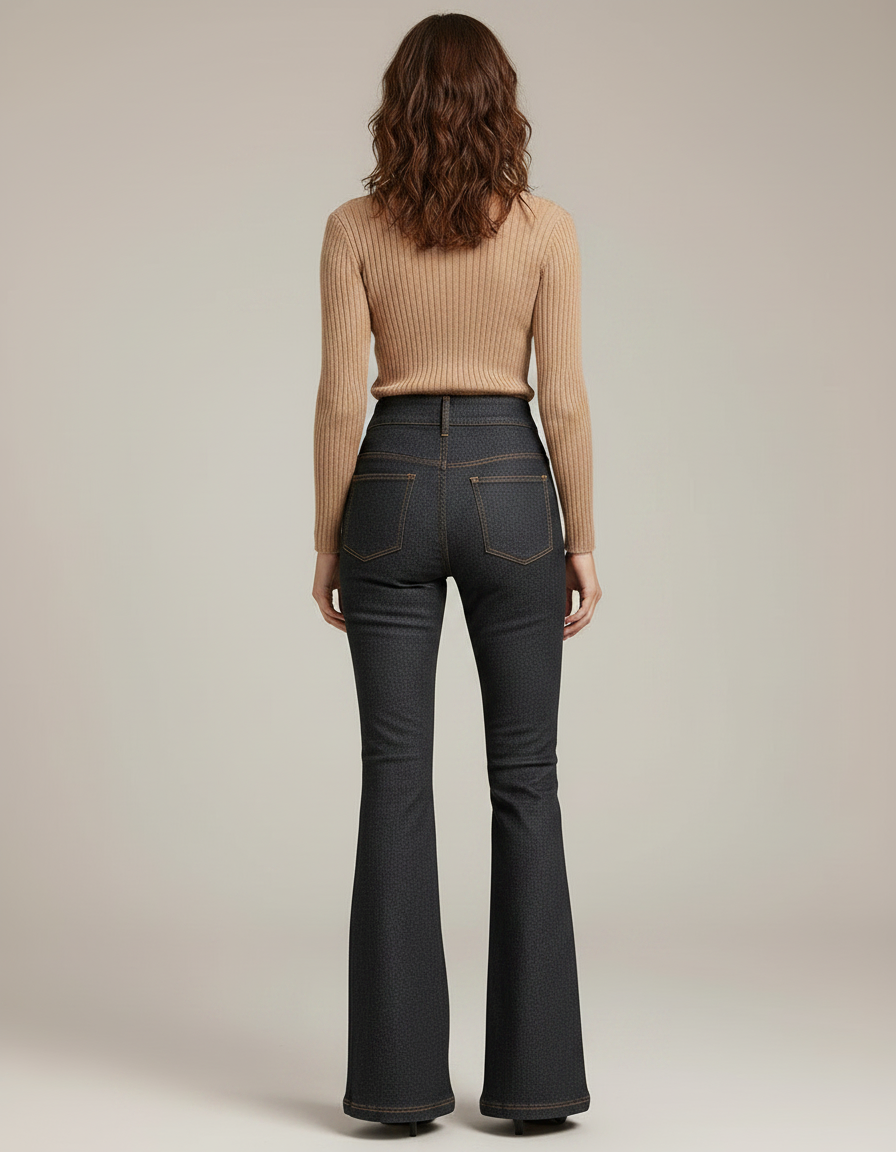 Pantalon Patte D'Éléphant Denim Taille Haute Évasé Élégant Femme - Marine Jean - vue 2
