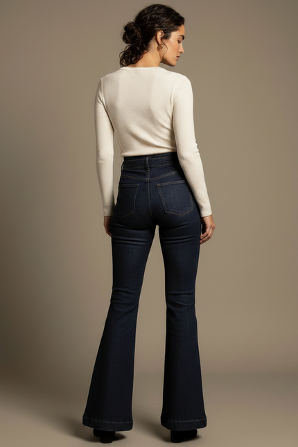 Pantalon Patte D'Éléphant Jean Bleu Taille Haute Ceinture Évasé - Marine - vue 2