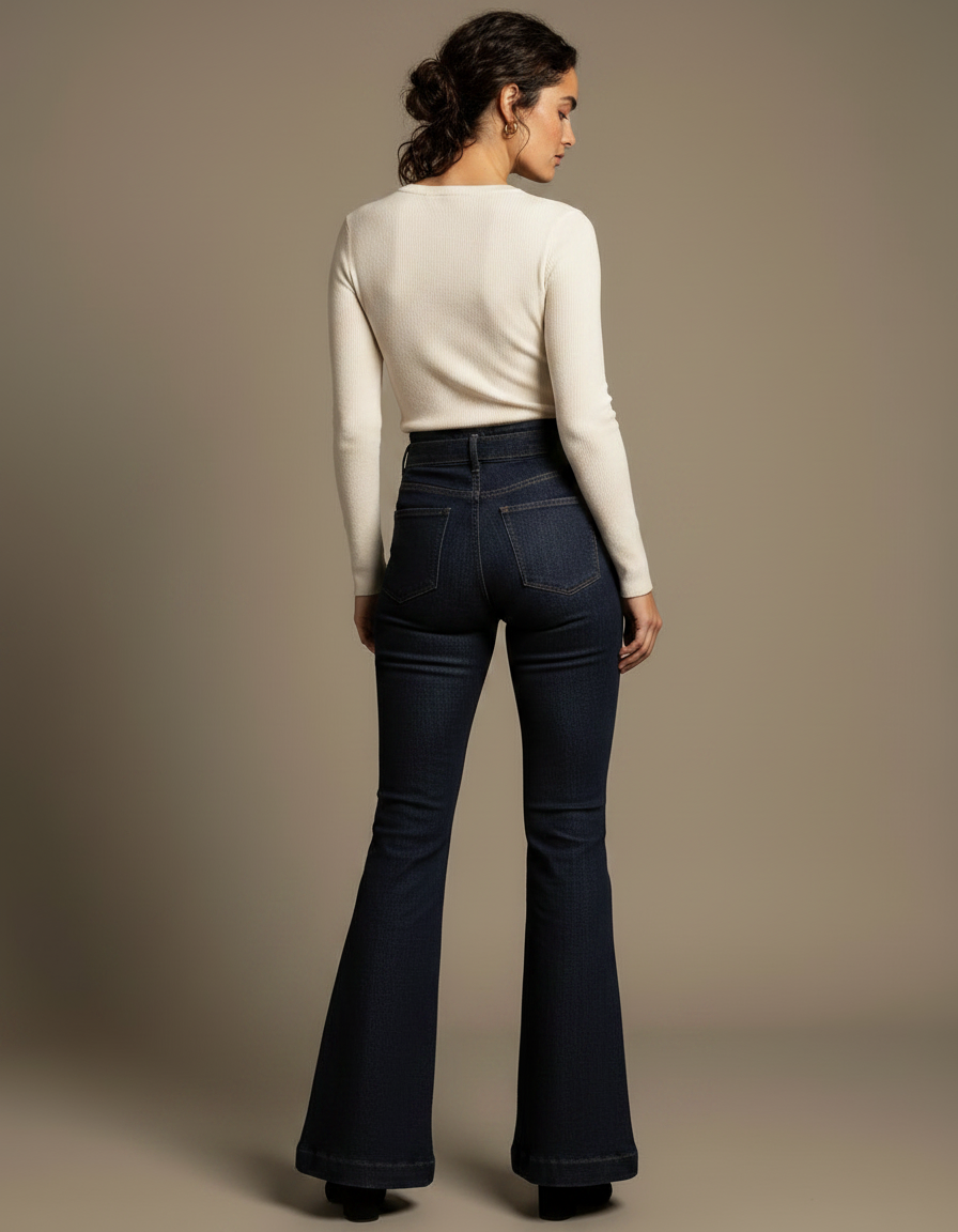 Pantalon Patte D'Éléphant Jean Bleu Taille Haute Ceinture Évasé - Marine - vue 2