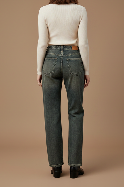Pantalon Patte D'Éléphant Jean Délavé Taille Haute Large - Kaki - vue 2
