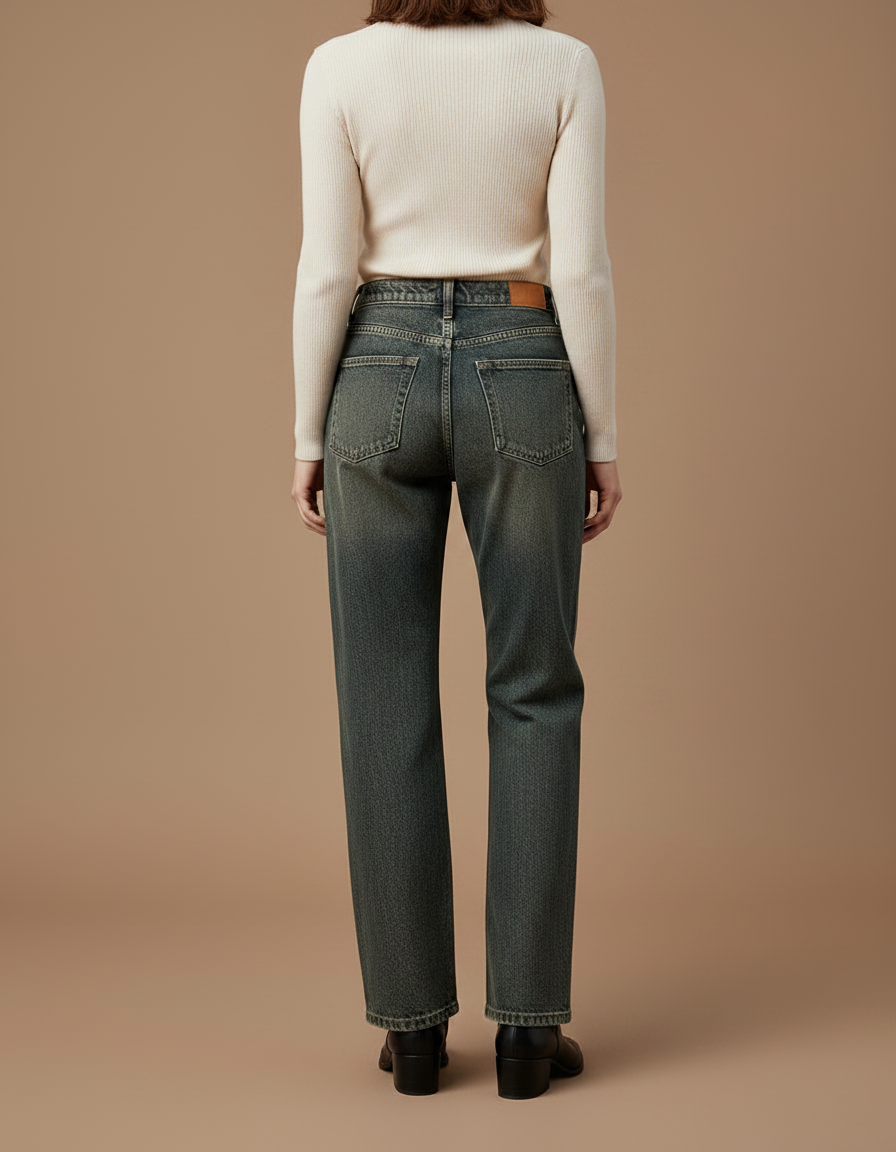 Pantalon Patte D'Éléphant Jean Délavé Taille Haute Large - Kaki - vue 2