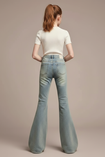 Pantalon Patte D'Éléphant Évasé Bleu Délavé Taille Haute - Jean - vue 2