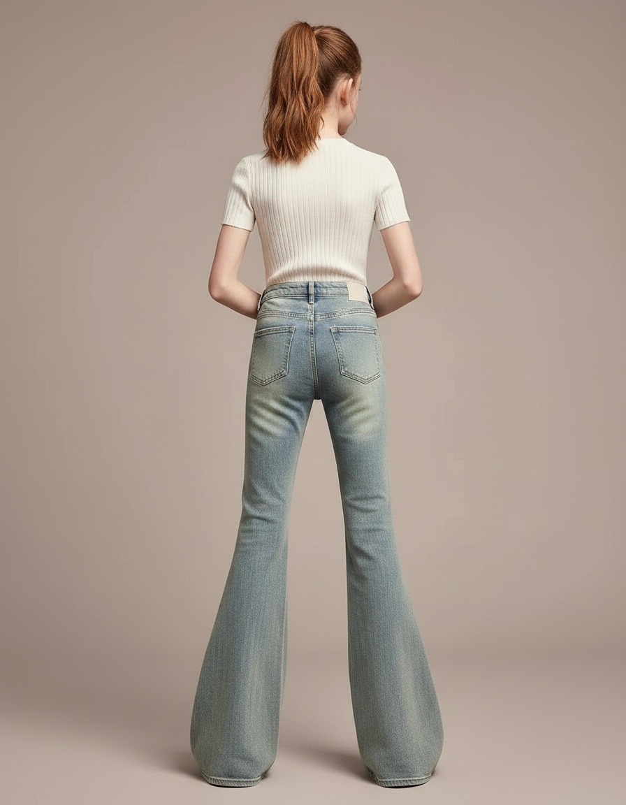 Pantalon Patte D'Éléphant Évasé Bleu Délavé Taille Haute - Jean - vue 2