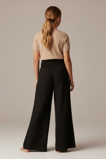 Pantalon Patte D'Éléphant Noir Fluide Taille Smockée - Viscose - vue 2