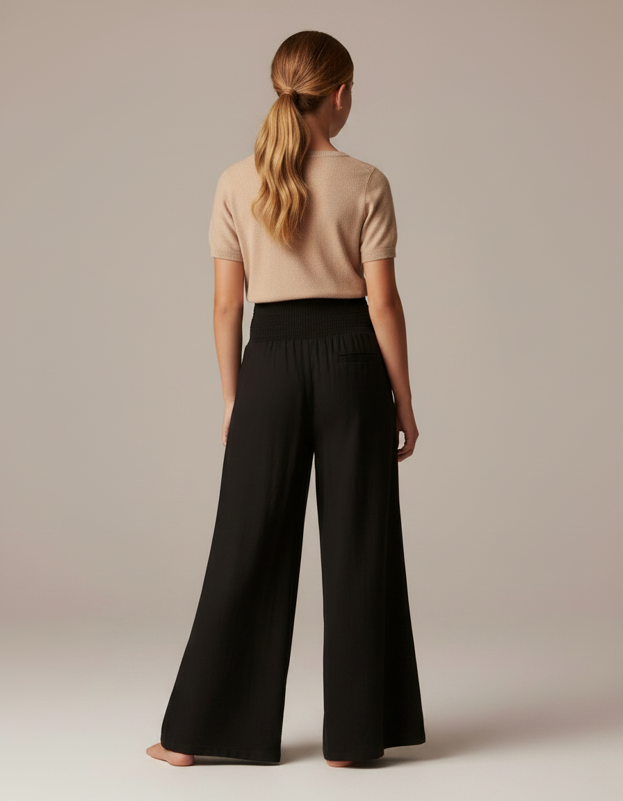 Pantalon Patte D'Éléphant Noir Fluide Taille Smockée - Viscose - vue 2