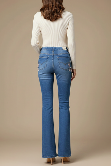 Pantalon Patte D'Éléphant Bleu Brodé Fleurs Taille Haute - Jean - vue 2