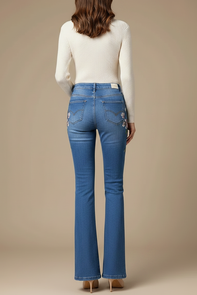 Pantalon Patte D'Éléphant Bleu Brodé Fleurs Taille Haute - Jean - vue 2