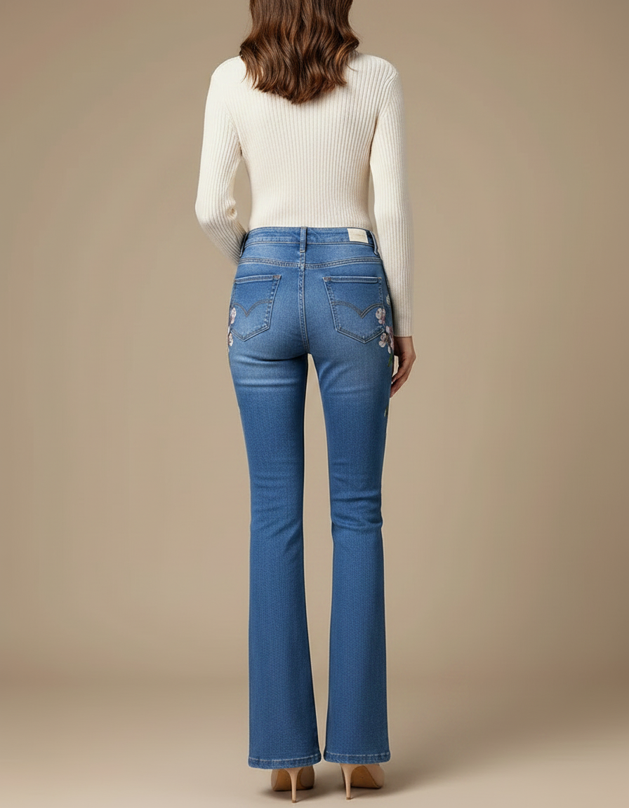 Pantalon Patte D'Éléphant Bleu Brodé Fleurs Taille Haute - Jean - vue 2