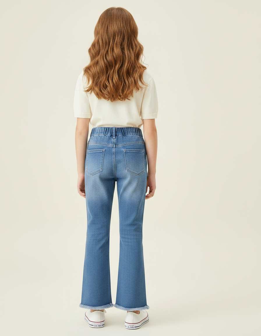 Pantalon Patte D'Éléphant Denim Bleu Élastique Perles Franges Fille - Jean - vue 2