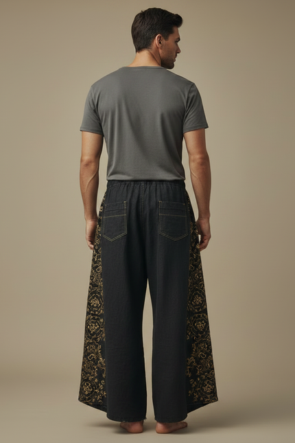 Pantalon Patte D'Éléphant Noir Ample Imprimé Ethnique Doré - Jean - vue 2