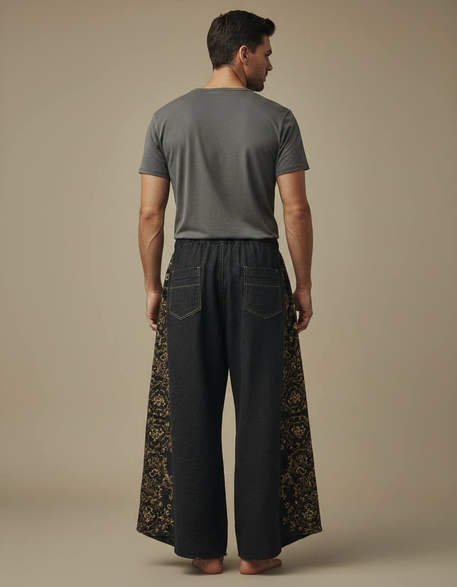 Pantalon Patte D'Éléphant Noir Ample Imprimé Ethnique Doré - Jean - vue 2