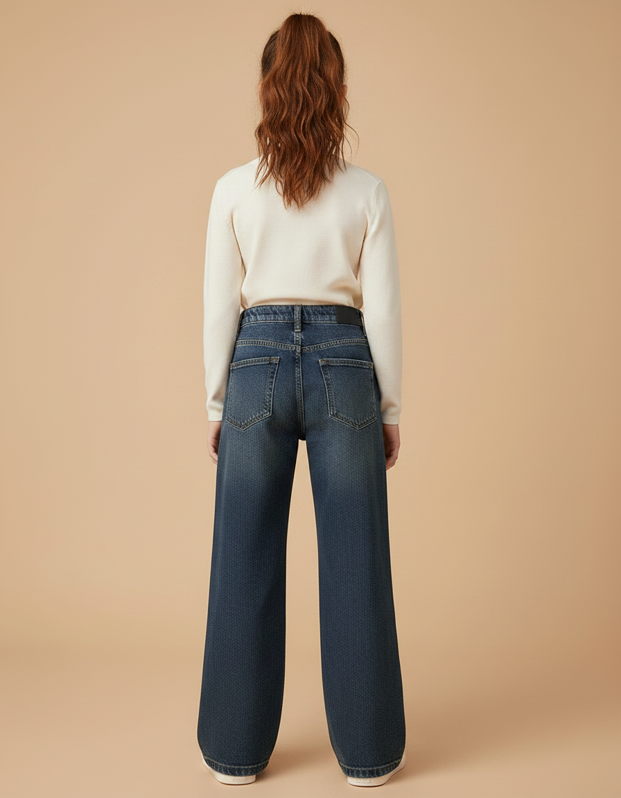 Pantalon Patte D'Éléphant Denim Large Nœud Élastique Fille - Marine Jean - vue 2