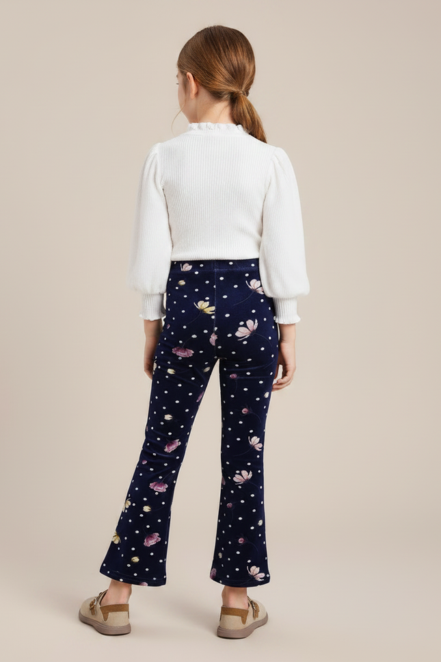 Pantalon Patte D'Éléphant Velours Marine Fleuri Pois Enfant - vue 2