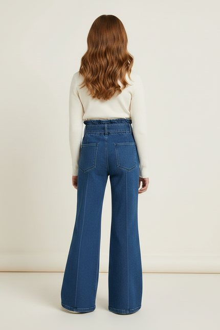 Pantalon Patte D'Éléphant Denim Bleu Taille Haute Ceinture Fille - Jean - vue 2