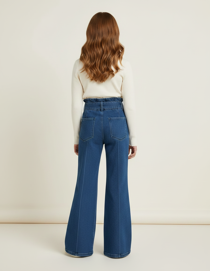 Pantalon Patte D'Éléphant Denim Bleu Taille Haute Ceinture Fille - Jean - vue 2