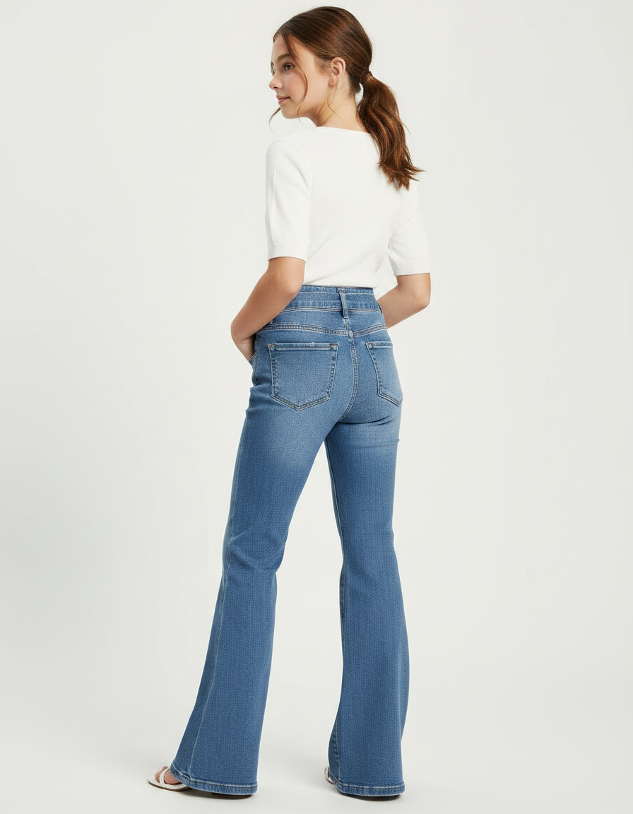Pantalon Patte D'Éléphant Bleu Denim Taille Haute Ceinture Évasé - Jean - vue 2