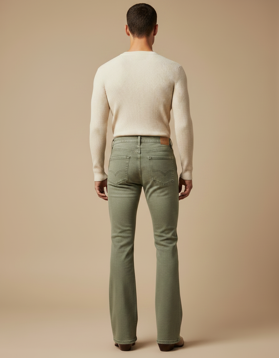 Pantalon Patte D'Éléphant Vert Kaki Denim Coupe Évasée Homme - Jean - vue 2