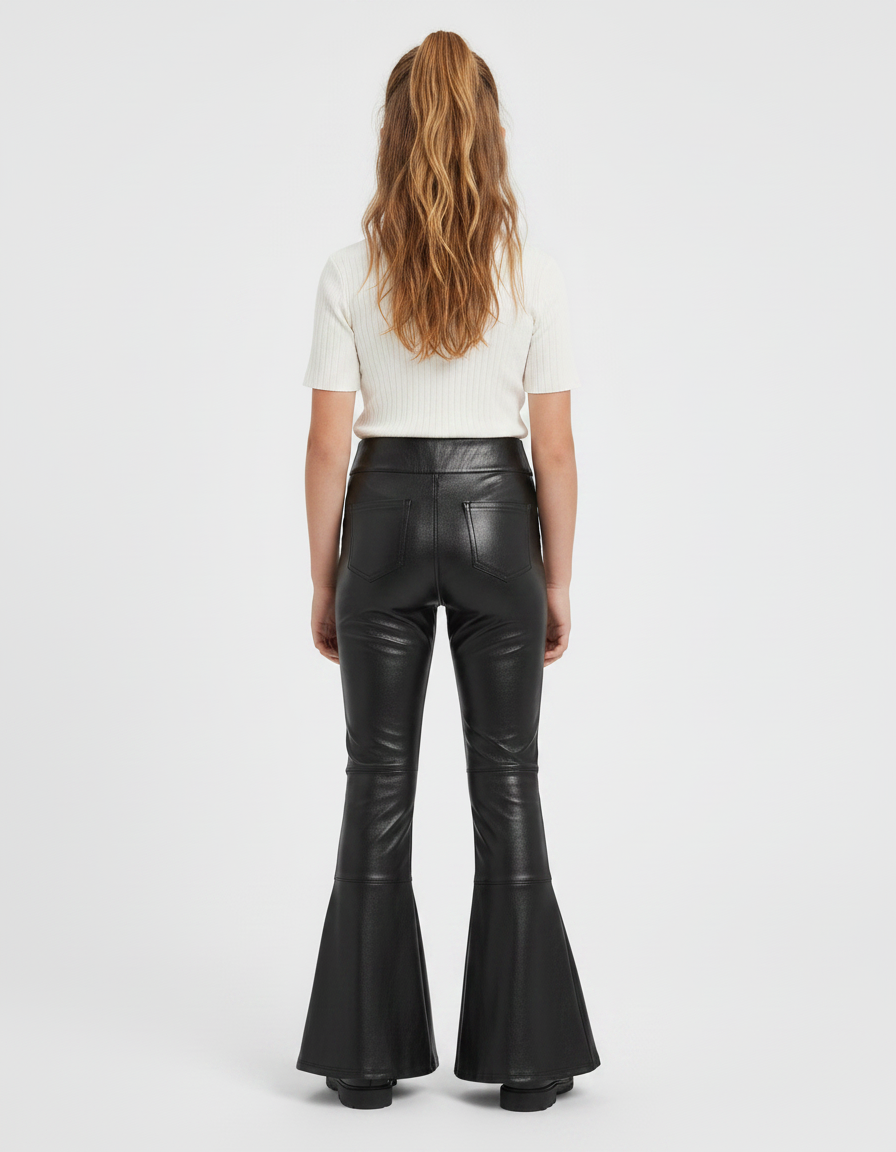 Pantalon Patte D'Éléphant Noir Simili Cuir Évasé Brillant Fille - vue 2