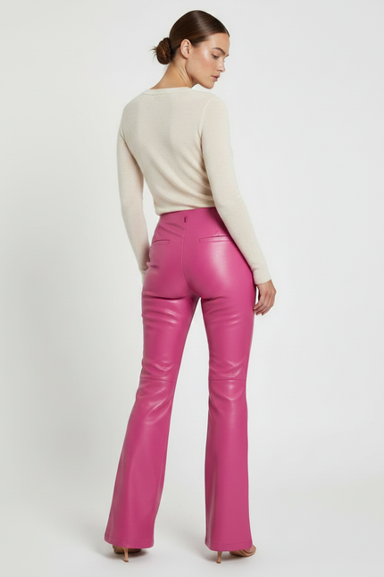 Pantalon Patte D'Éléphant Rose Vif Simili Cuir Évasé - vue 2