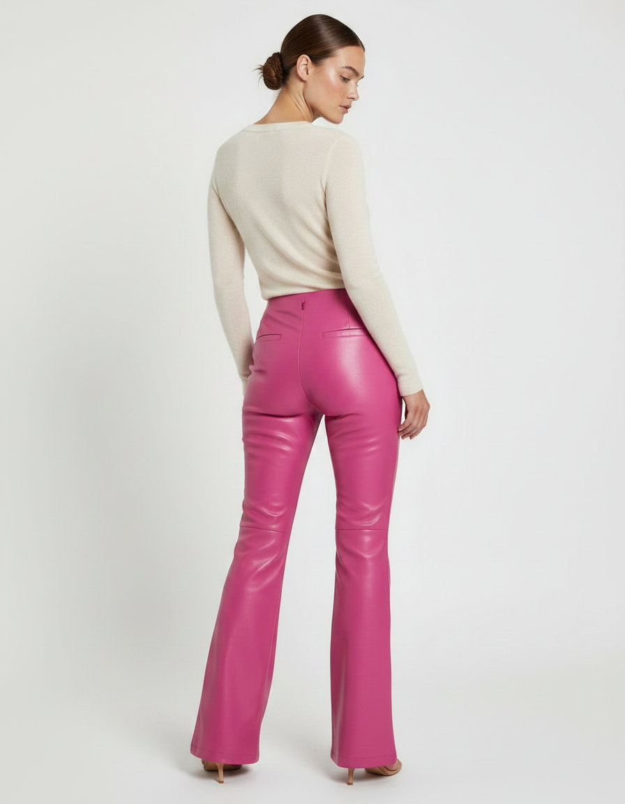 Pantalon Patte D'Éléphant Rose Vif Simili Cuir Évasé - vue 2