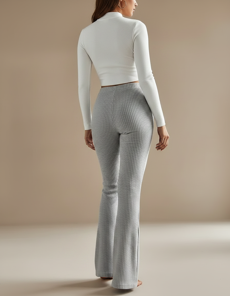 Pantalon Patte D'Éléphant Gris Côtelé Tricoté Confortable Femme - Maille - vue 2
