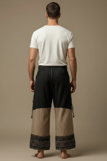Pantalon Patte D'Éléphant Brodé Arbre Ethnique Ample Lin - Multicolore - vue 2