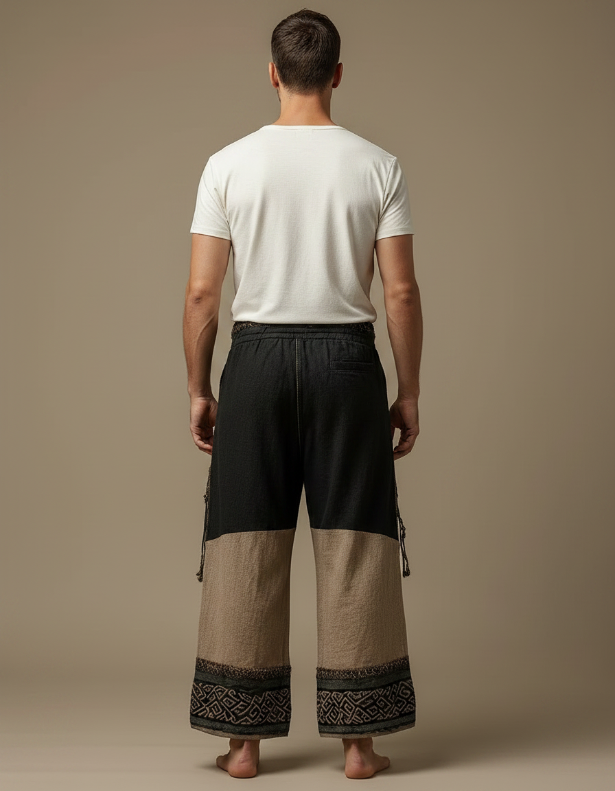 Pantalon Patte D'Éléphant Brodé Arbre Ethnique Ample Lin - Multicolore - vue 2