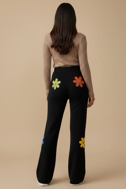 Pantalon Patte D'Éléphant Noir Brodé Fleurs Laine Ample - Maille - vue 2