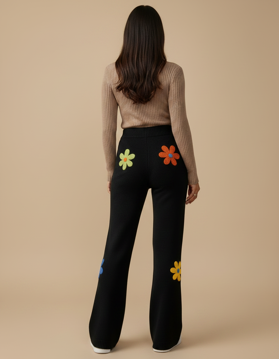 Pantalon Patte D'Éléphant Noir Brodé Fleurs Laine Ample - Maille - vue 2