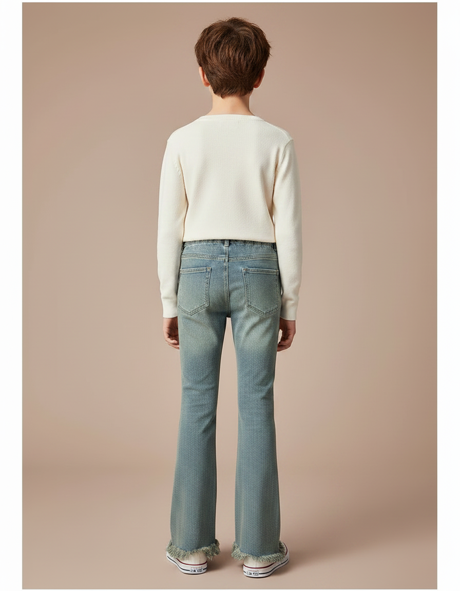 Pantalon Patte D'Éléphant Jean Denim Clair Frangé Évasé - Bleu - vue 2