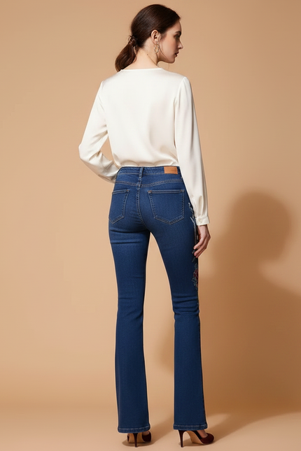 Pantalon Patte D'Éléphant Bleu Brodé Taille Haute Évasé - Jean - vue 2