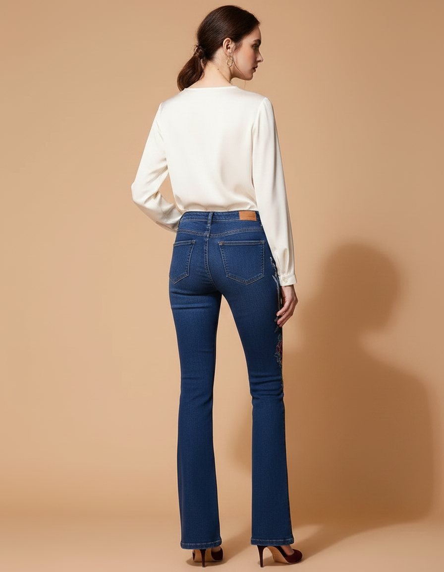 Pantalon Patte D'Éléphant Bleu Brodé Taille Haute Évasé - Jean - vue 2