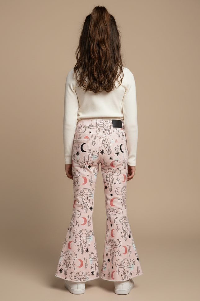 Pantalon Patte D'Éléphant Rose Imprimé Crânes Évasé Fille - Jean - vue 2