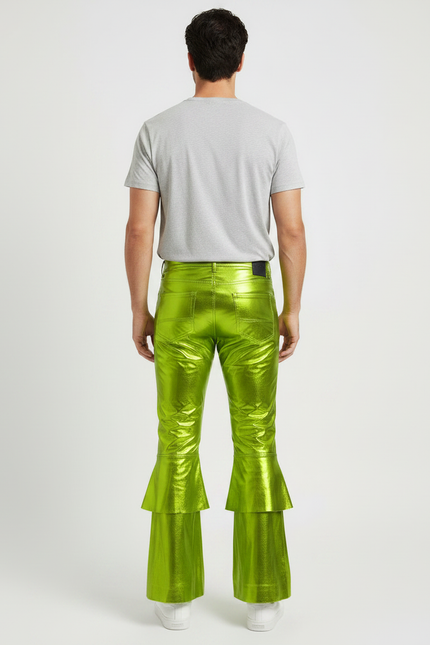 Pantalon Patte D'Éléphant Vert Métallique Brillant Évasé Homme - Polyester - vue 2