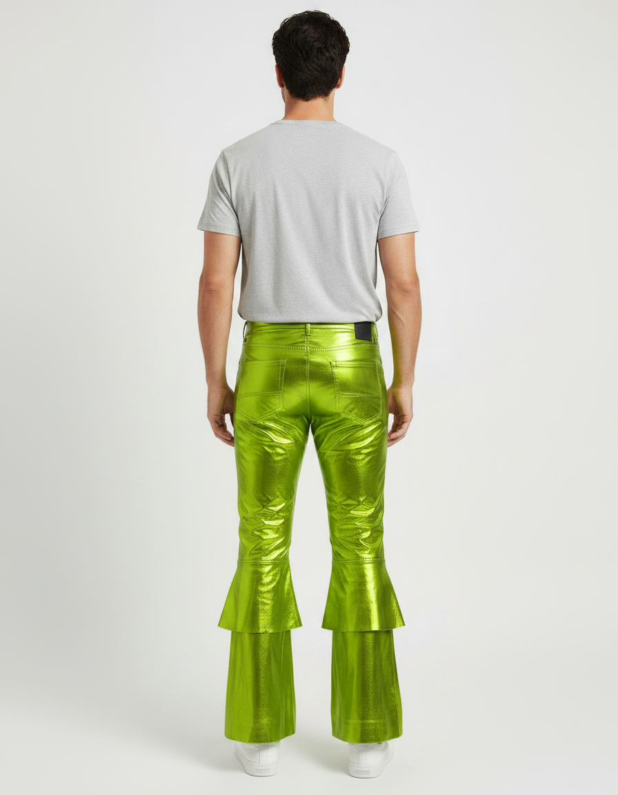 Pantalon Patte D'Éléphant Vert Métallique Brillant Évasé Homme - Polyester - vue 2