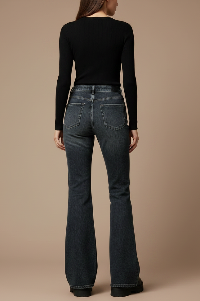 Pantalon Patte D'Éléphant Jean Gris Délavé Taille Haute Femme - vue 2