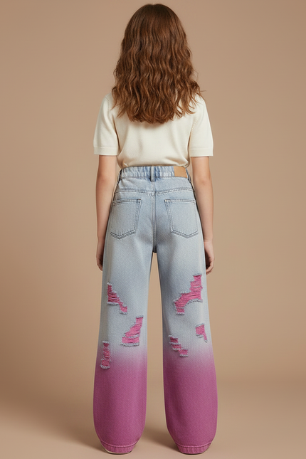 Pantalon Patte D'Éléphant Large Déchiré Dégradé Rose Enfant - Jean - vue 2