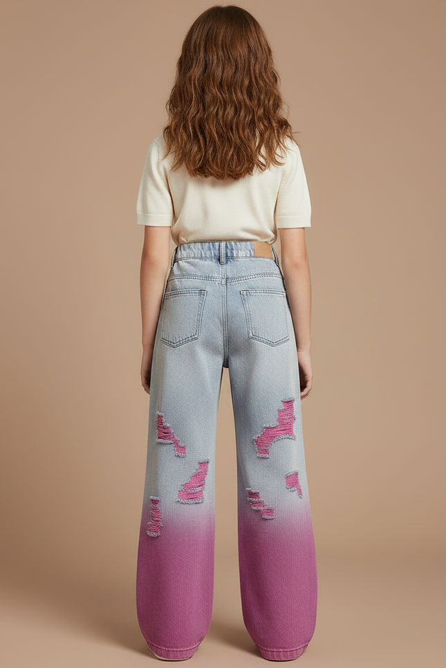 Pantalon Patte D'Éléphant Large Déchiré Dégradé Rose Enfant - Jean - vue 2