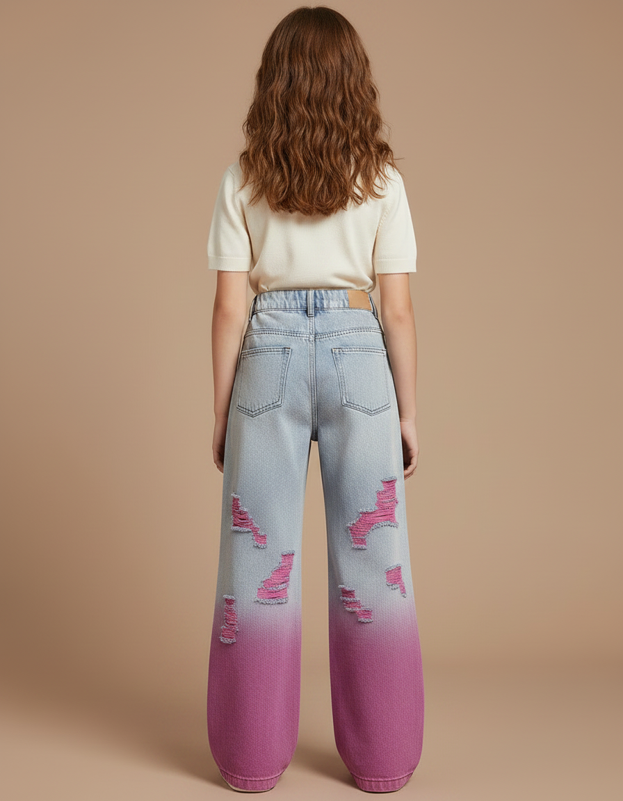 Pantalon Patte D'Éléphant Large Déchiré Dégradé Rose Enfant - Jean - vue 2